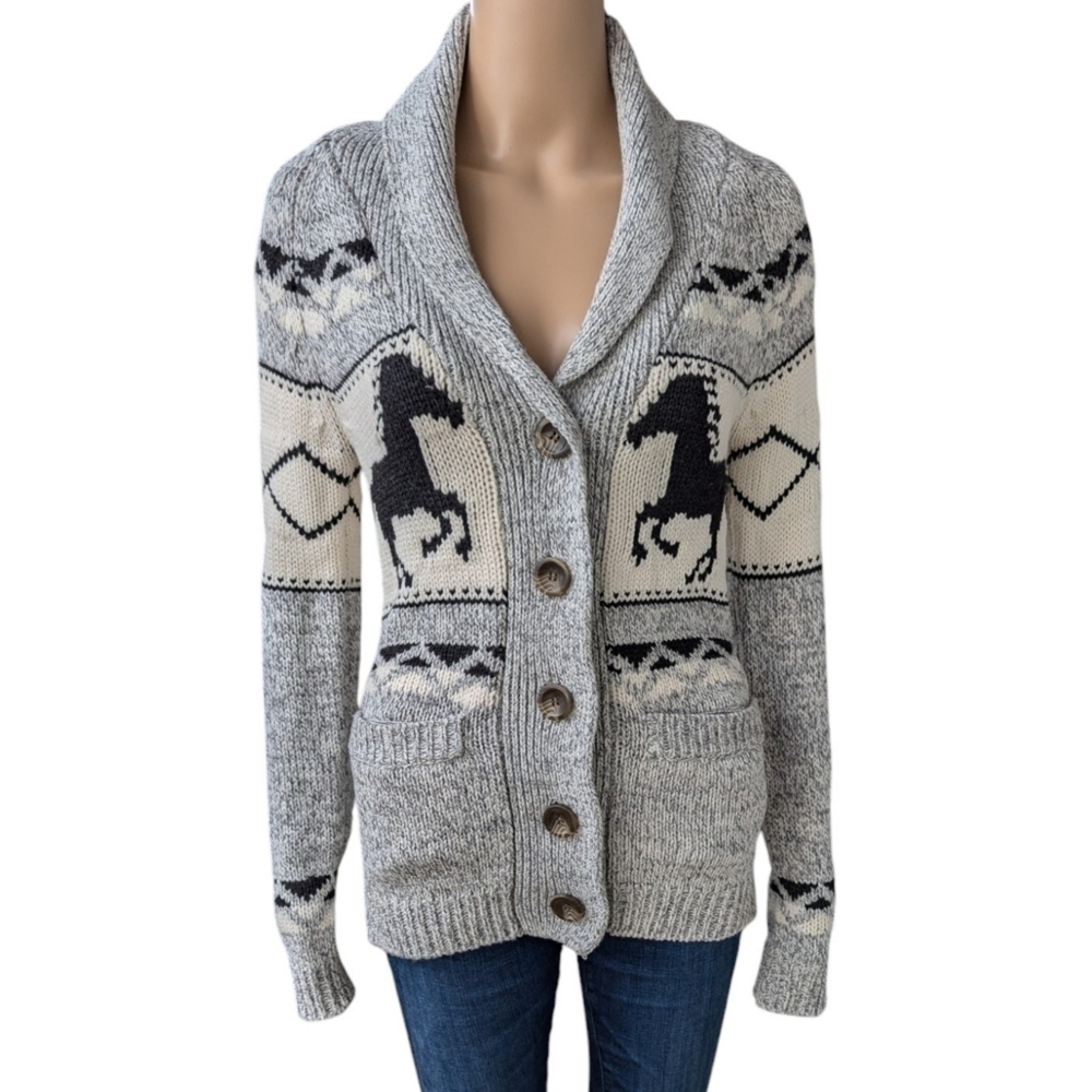 Bluenotes Cowichan Western Aztec Horse Knit Cardigan Shawl Collar XS - Picture 2 of 10